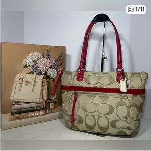 Coach Signature Shoulder/HandBag - Beige with Gold Threads & Fuchsia Leather